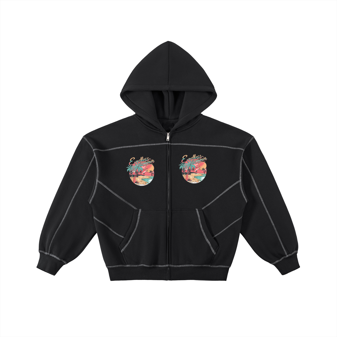 Contrast-Stitched Boxy Fleece Zip Hoodie
